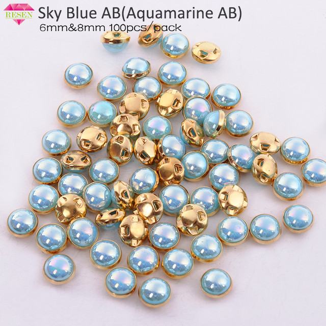 RESEN Top Grade Gold Sewing Pearl Bead Sky Blue AB 6mm 8mm Mix Color Claw  Rhinestones Sew On Pearls Button For Fabric Clothes - AliExpress